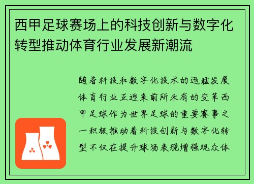 西甲足球赛场上的科技创新与数字化转型推动体育行业发展新潮流