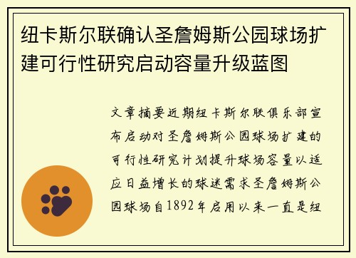 纽卡斯尔联确认圣詹姆斯公园球场扩建可行性研究启动容量升级蓝图 纽卡斯尔联确认圣詹姆斯公园球场扩建可行性研究启动容量升级蓝图
