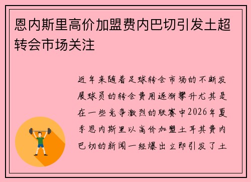 恩内斯里高价加盟费内巴切引发土超转会市场关注