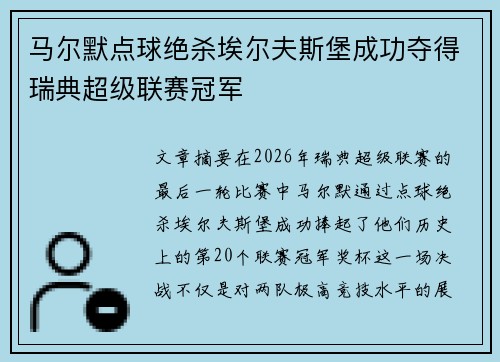 马尔默点球绝杀埃尔夫斯堡成功夺得瑞典超级联赛冠军