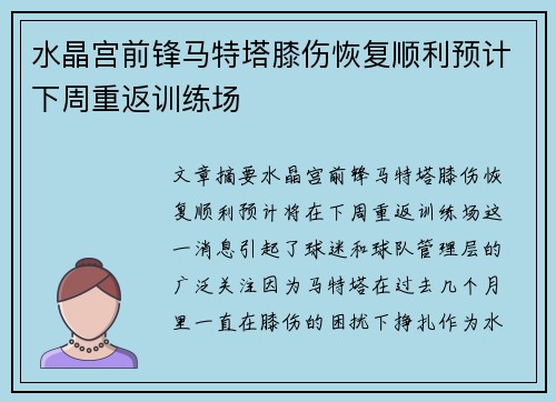 水晶宫前锋马特塔膝伤恢复顺利预计下周重返训练场